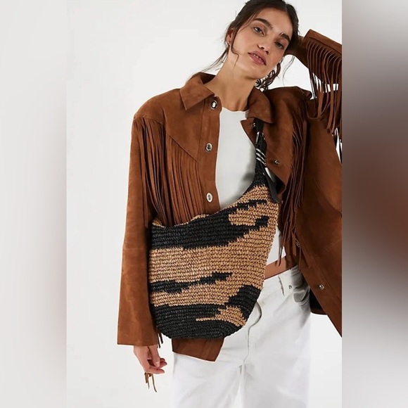 NWT Free People Santorini Straw Tote Bag Black Mix - Picture 7 of 10